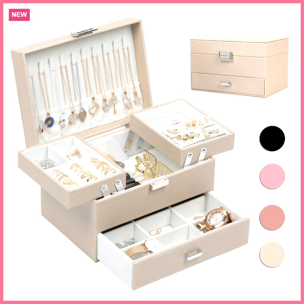 3 Layer Pu Leather Jewelry Box Organizer With Velvet Lining